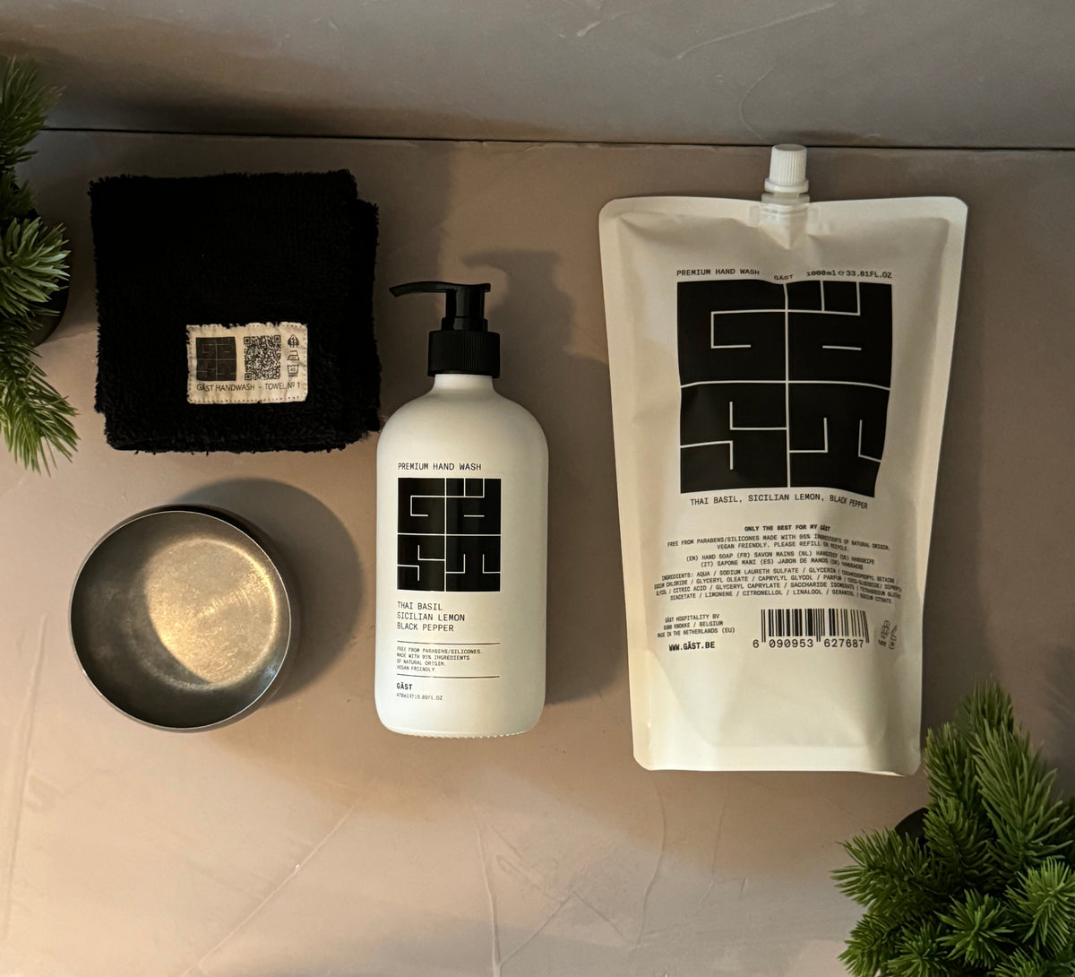 GÄST / GIFT / THAI BASIL 480ml (glass) + STONEWASHED BOWL + REFILL 1000ml + TOWEL No.1 (6 pieces)