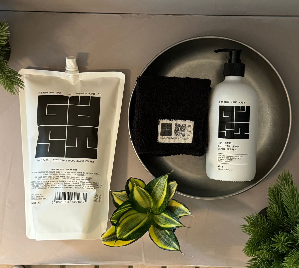 GÄST / GIFT / THAI BASIL 480ml (glass) + STONEWASHED PLATE + REFILL 1000ml + TOWEL No.1 (6 pieces)